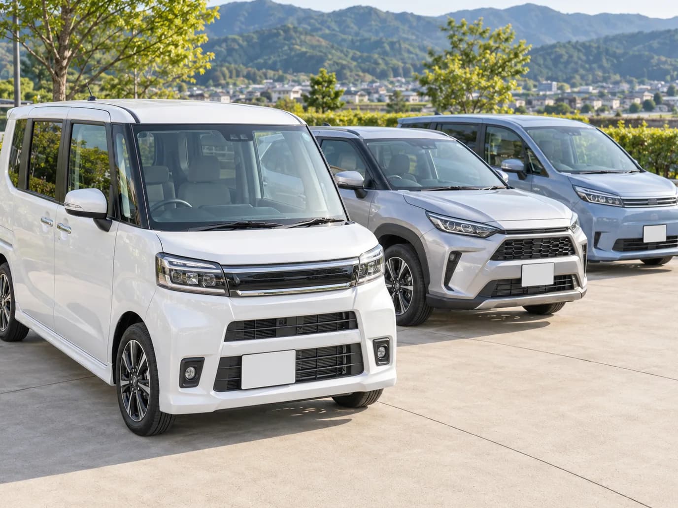販売店の展示スペースに斜めに並ぶ軽自動車・SUV・ミニバンの新車